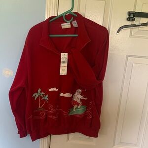 Alfred Dunner Red 2X Surfing Santa Fleece Pullover